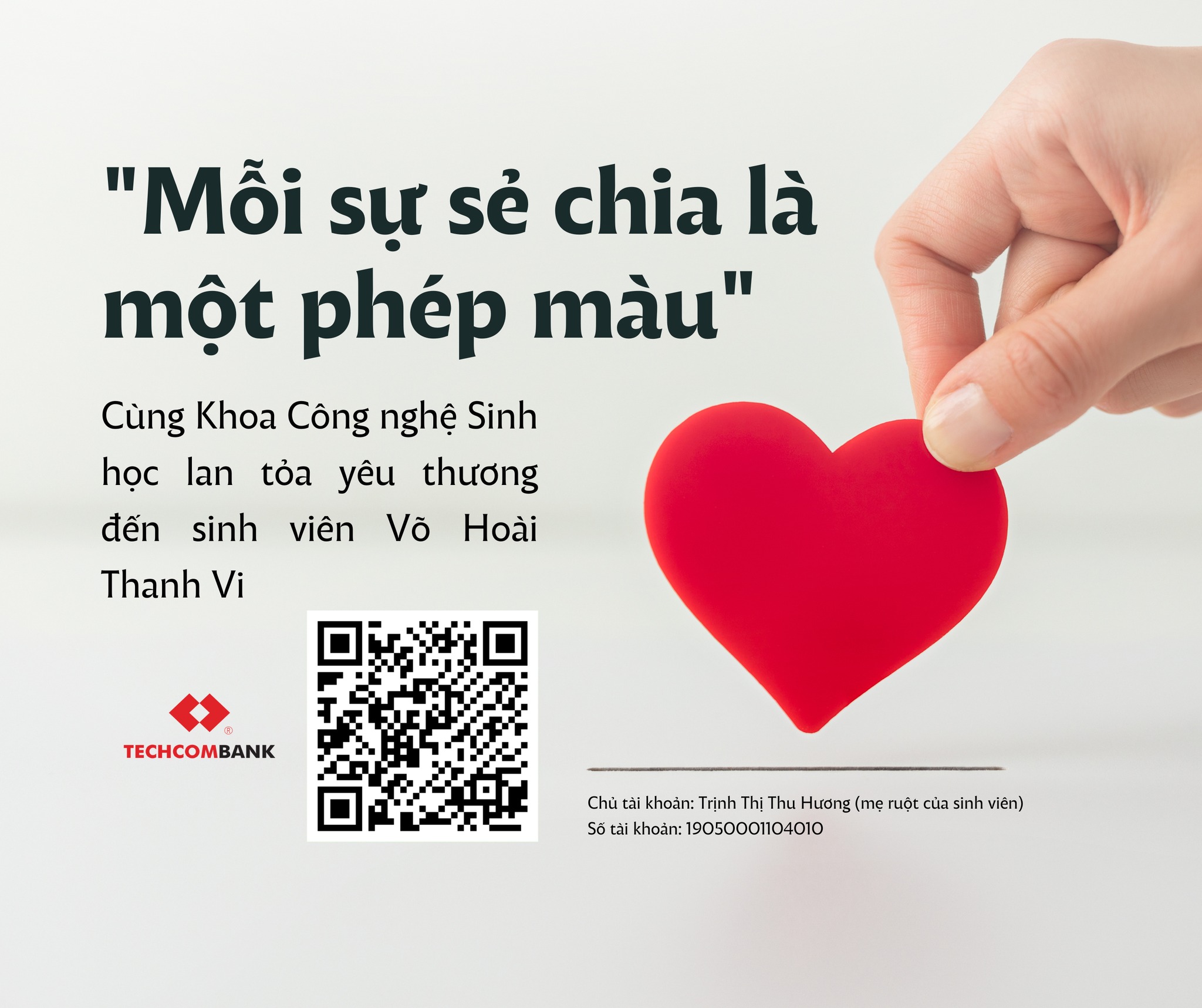 THƯ KÊU GỌI HỖ TRỢ SINH VIÊN KHOA CÔNG NGHỆ SINH HỌC VÕ HOÀI THANH VI